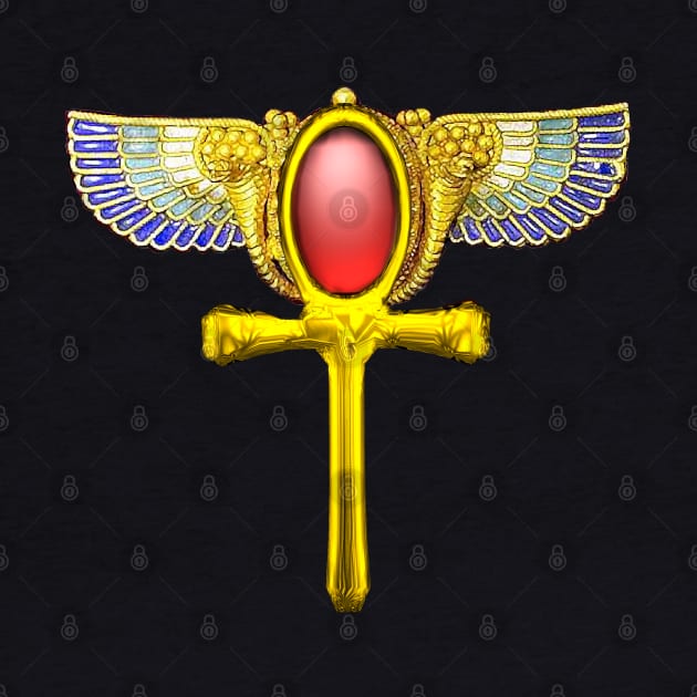 RED TALISMAN Gold Ankh with Wings and Cornucopia Egyptian Eternal Life Symbol by BulganLumini